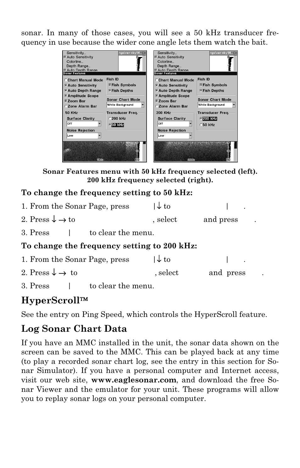 Hyperscroll, Log sonar chart data | Eagle Electronics FishElite User Manual | Page 73 / 196