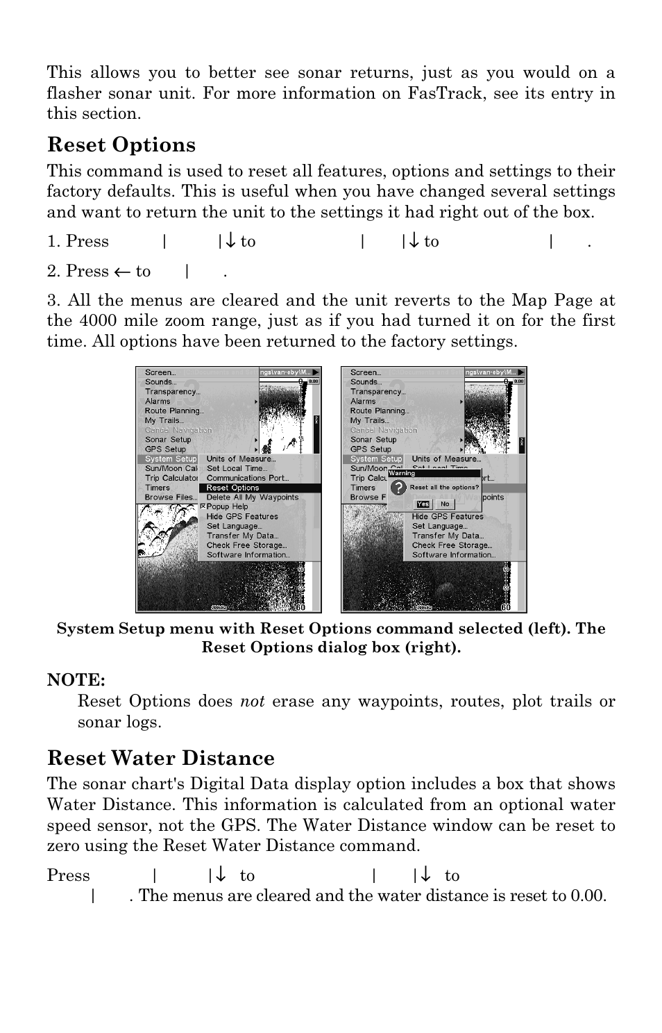 Reset options, Reset water distance | Eagle Electronics FishElite User Manual | Page 79 / 196