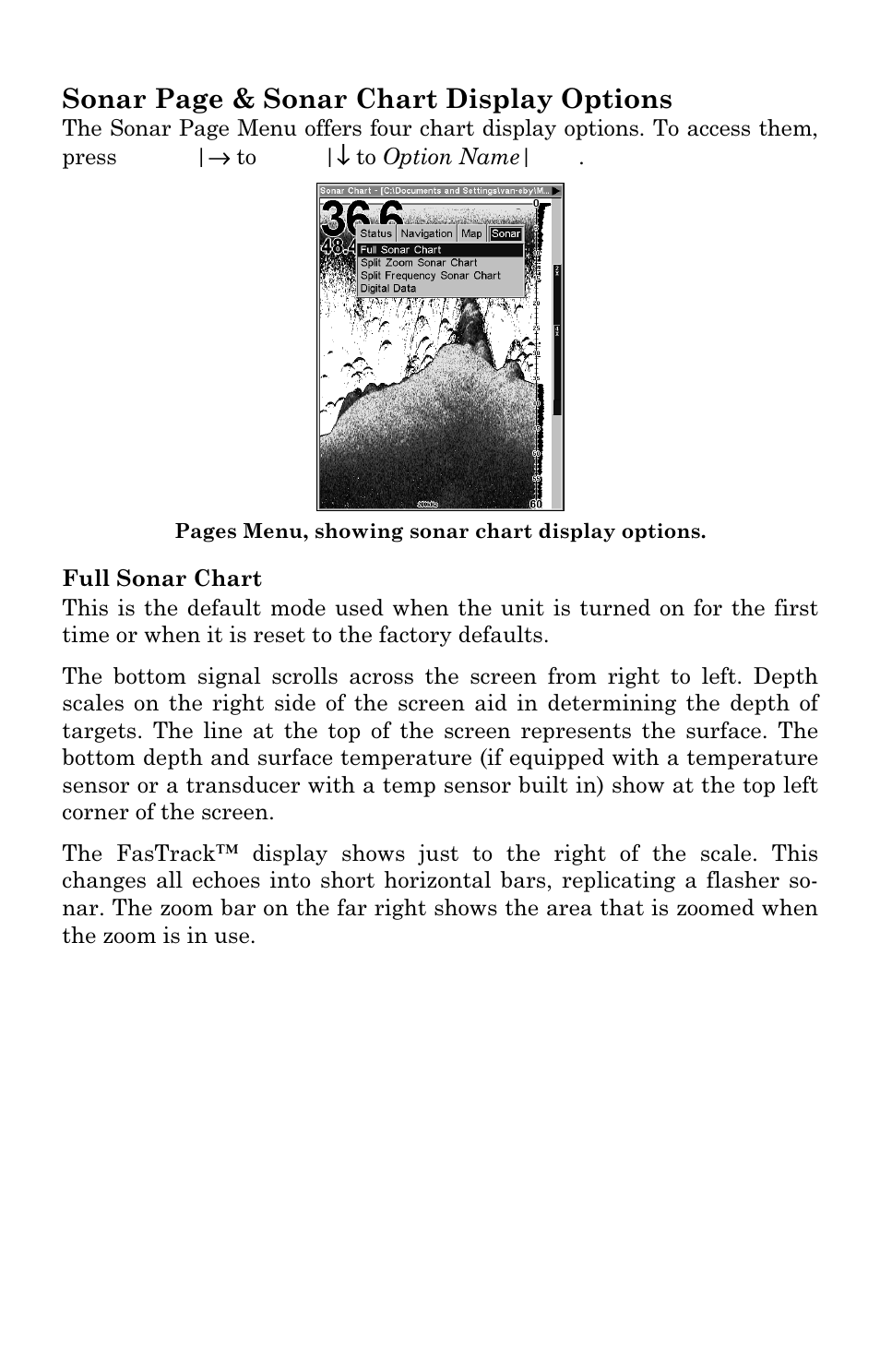 Sonar page & sonar chart display options | Eagle Electronics FishElite User Manual | Page 83 / 196