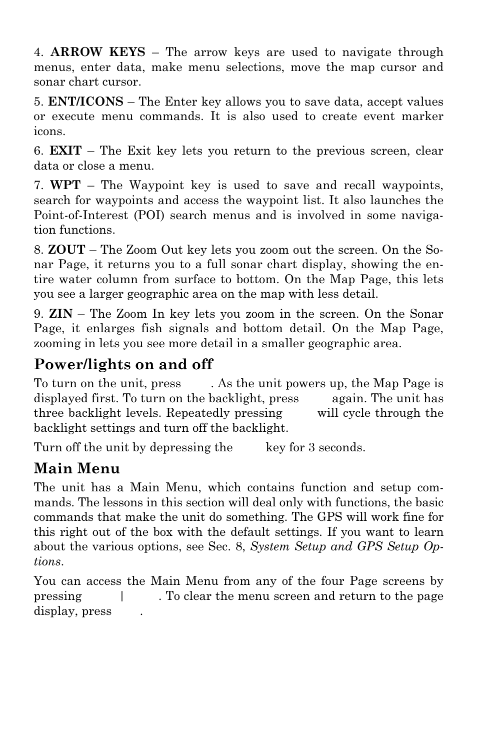 Power/lights on and off, Main menu | Eagle Electronics FishElite User Manual | Page 96 / 196