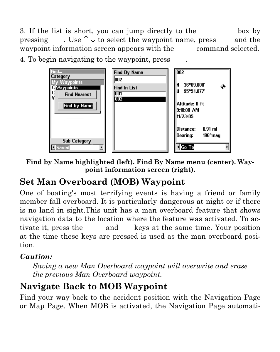 Set man overboard (mob) waypoint, Navigate back to mob waypoint | Eagle Electronics Cuda 250i User Manual | Page 113 / 172