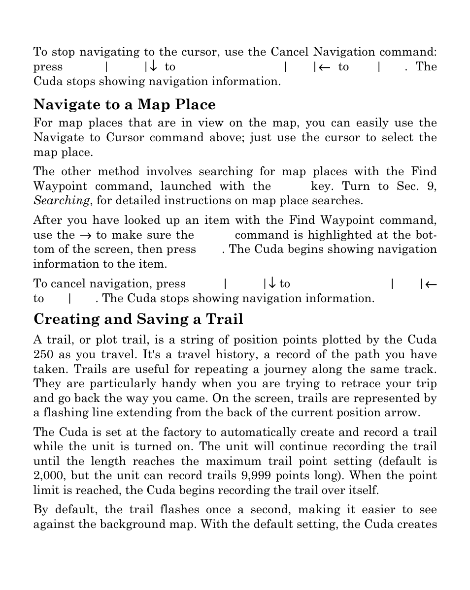 Navigate to a map place, Creating and saving a trail | Eagle Electronics Cuda 250i User Manual | Page 116 / 172