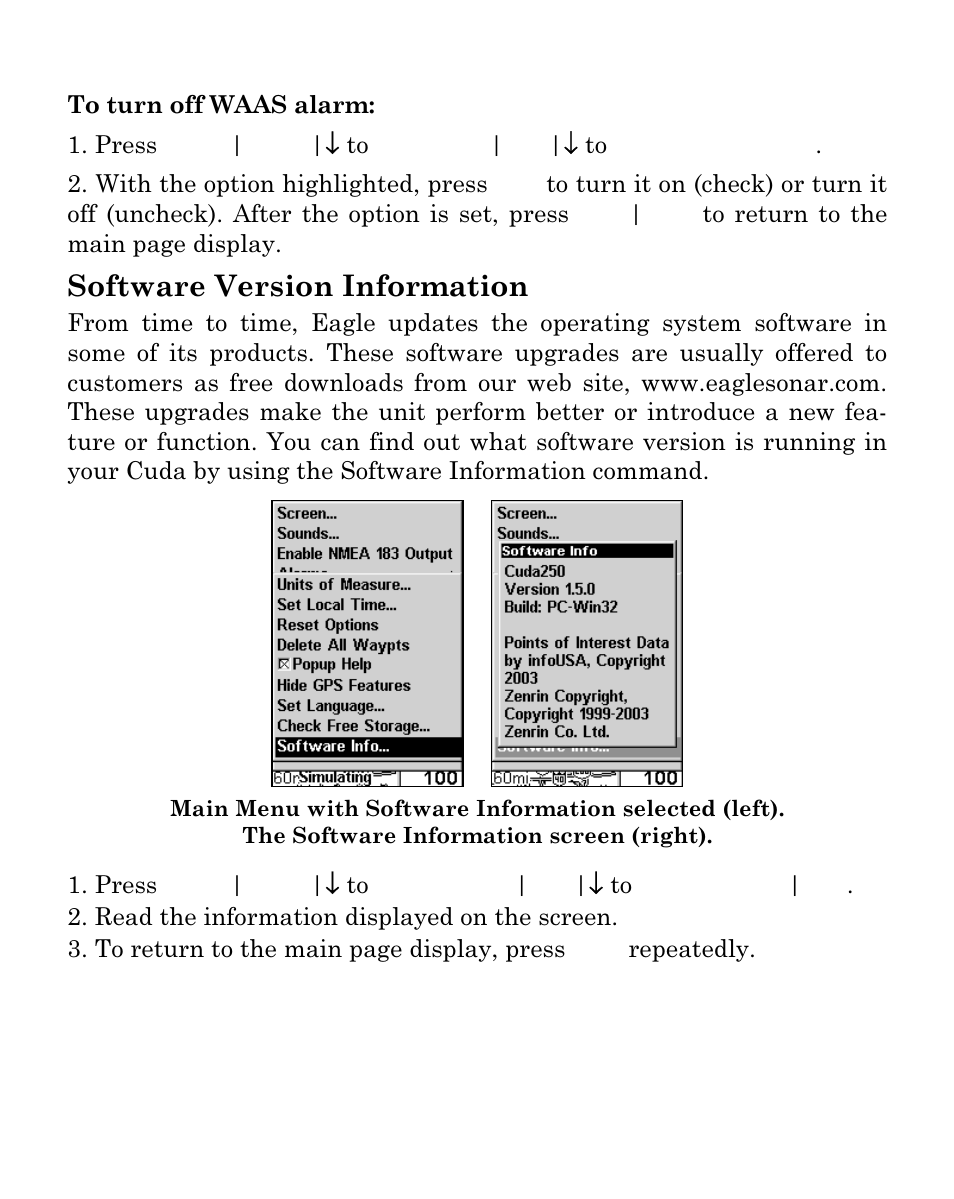 Software version information | Eagle Electronics Cuda 250i User Manual | Page 160 / 172