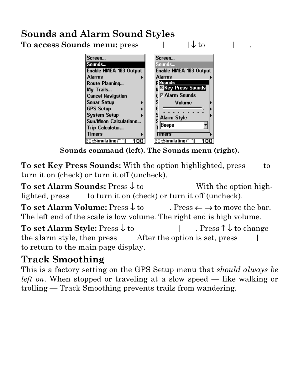 Sounds and alarm sound styles, Track smoothing | Eagle Electronics Cuda 250i User Manual | Page 161 / 172