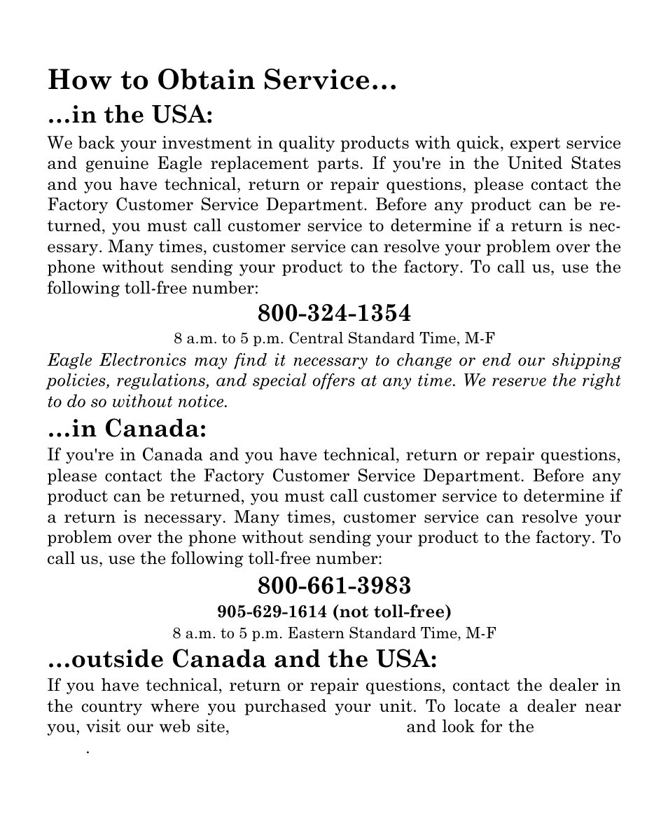 How to obtain service, Outside canada and the usa | Eagle Electronics Cuda 250i User Manual | Page 170 / 172