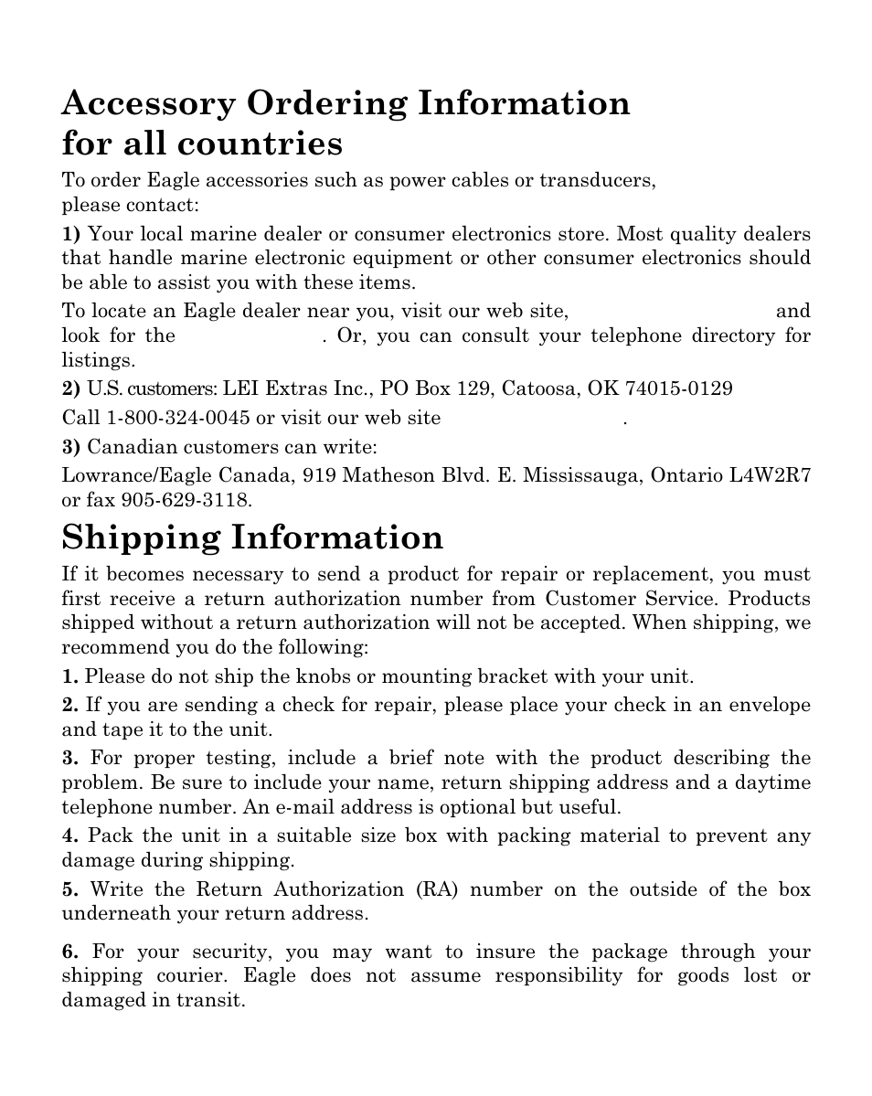 Accessory ordering information for all countries, Shipping information | Eagle Electronics Cuda 250i User Manual | Page 171 / 172