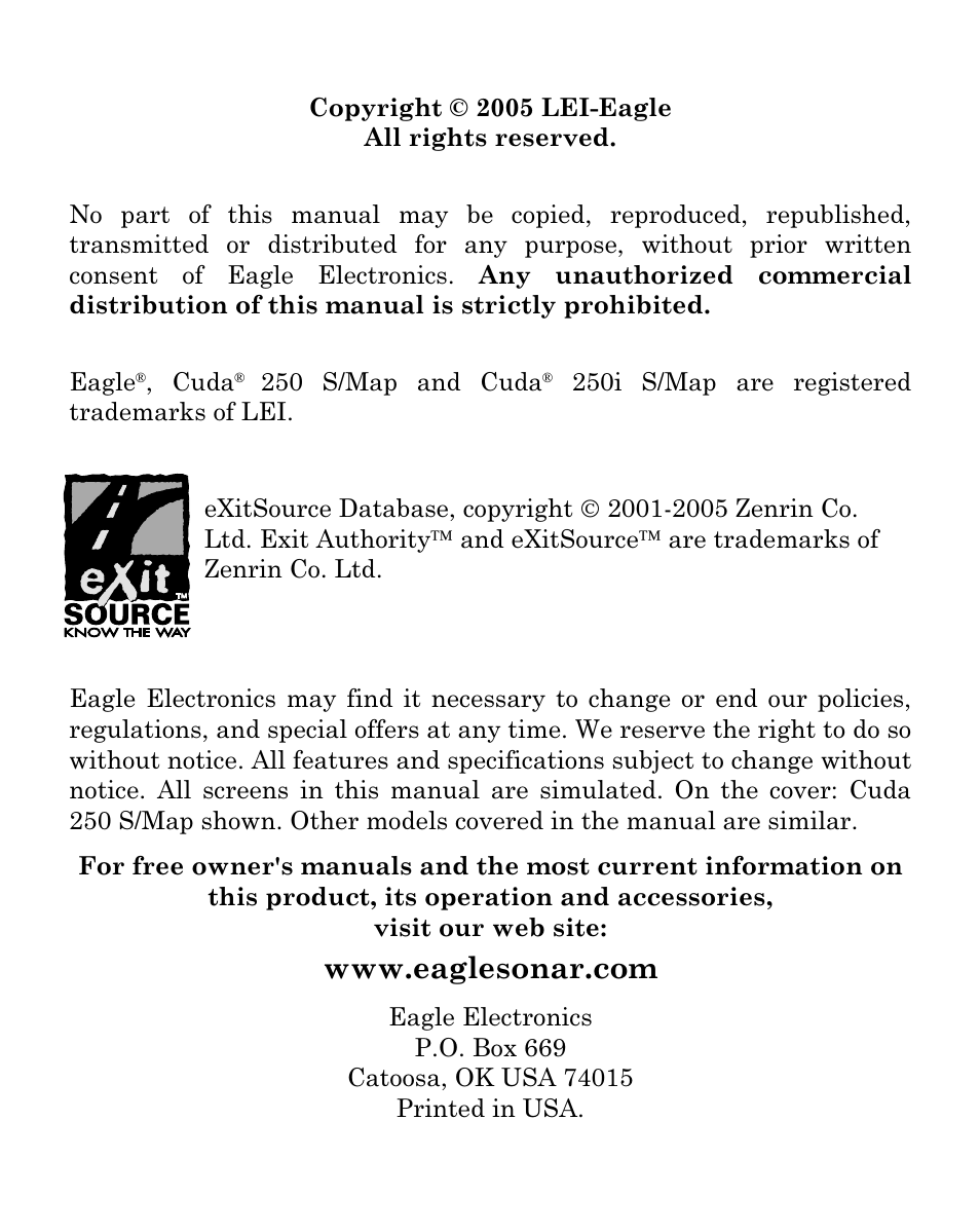 Eagle Electronics Cuda 250i User Manual | Page 2 / 172