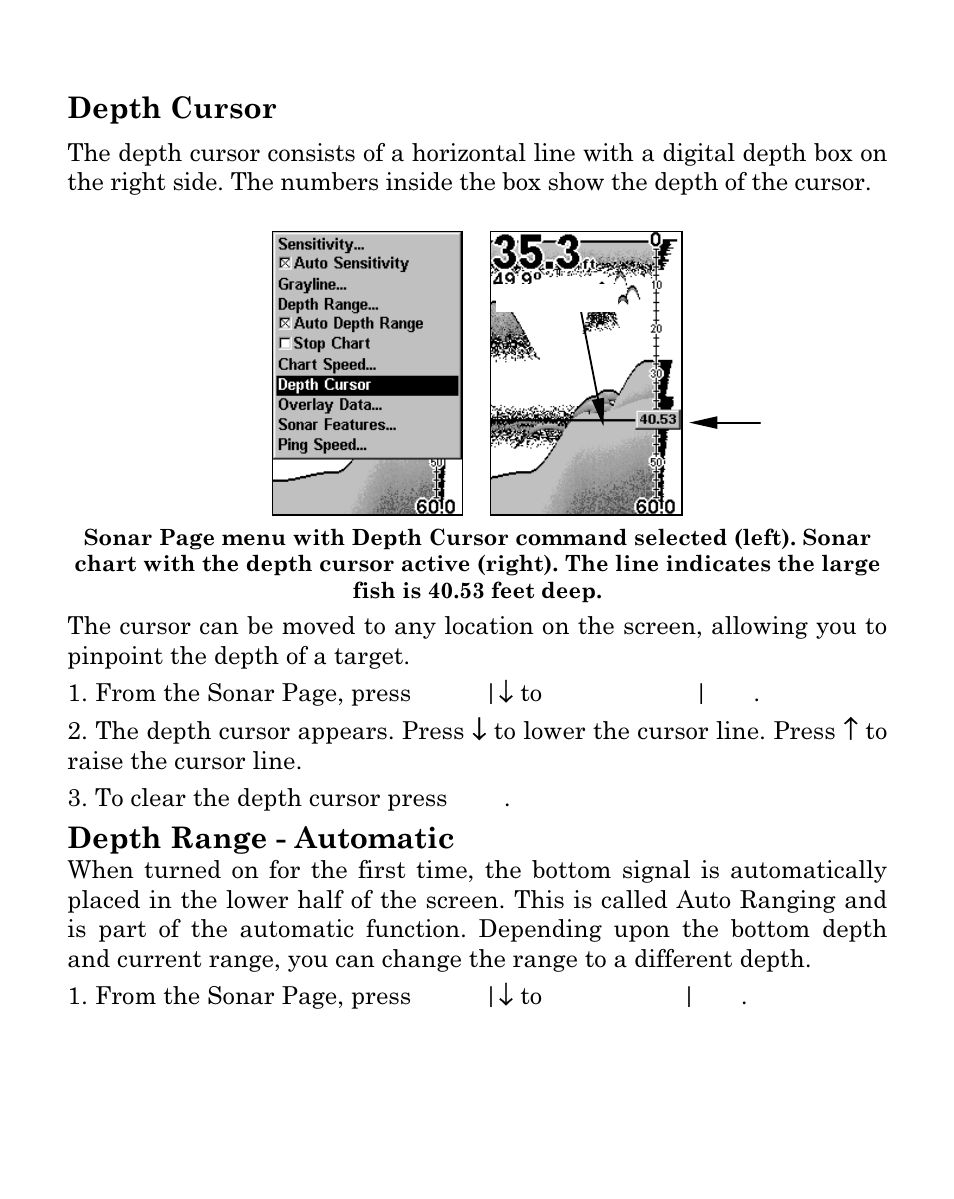 Depth cursor, Depth range - automatic | Eagle Electronics Cuda 250i User Manual | Page 71 / 172