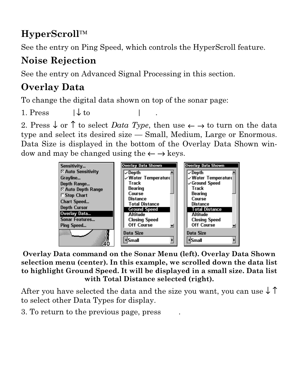 Hyperscroll, Noise rejection, Overlay data | Eagle Electronics Cuda 250i User Manual | Page 77 / 172