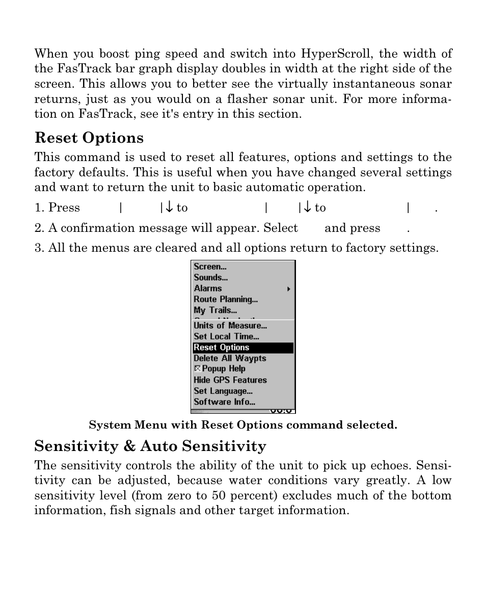 Reset options, Sensitivity & auto sensitivity | Eagle Electronics Cuda 250i User Manual | Page 80 / 172