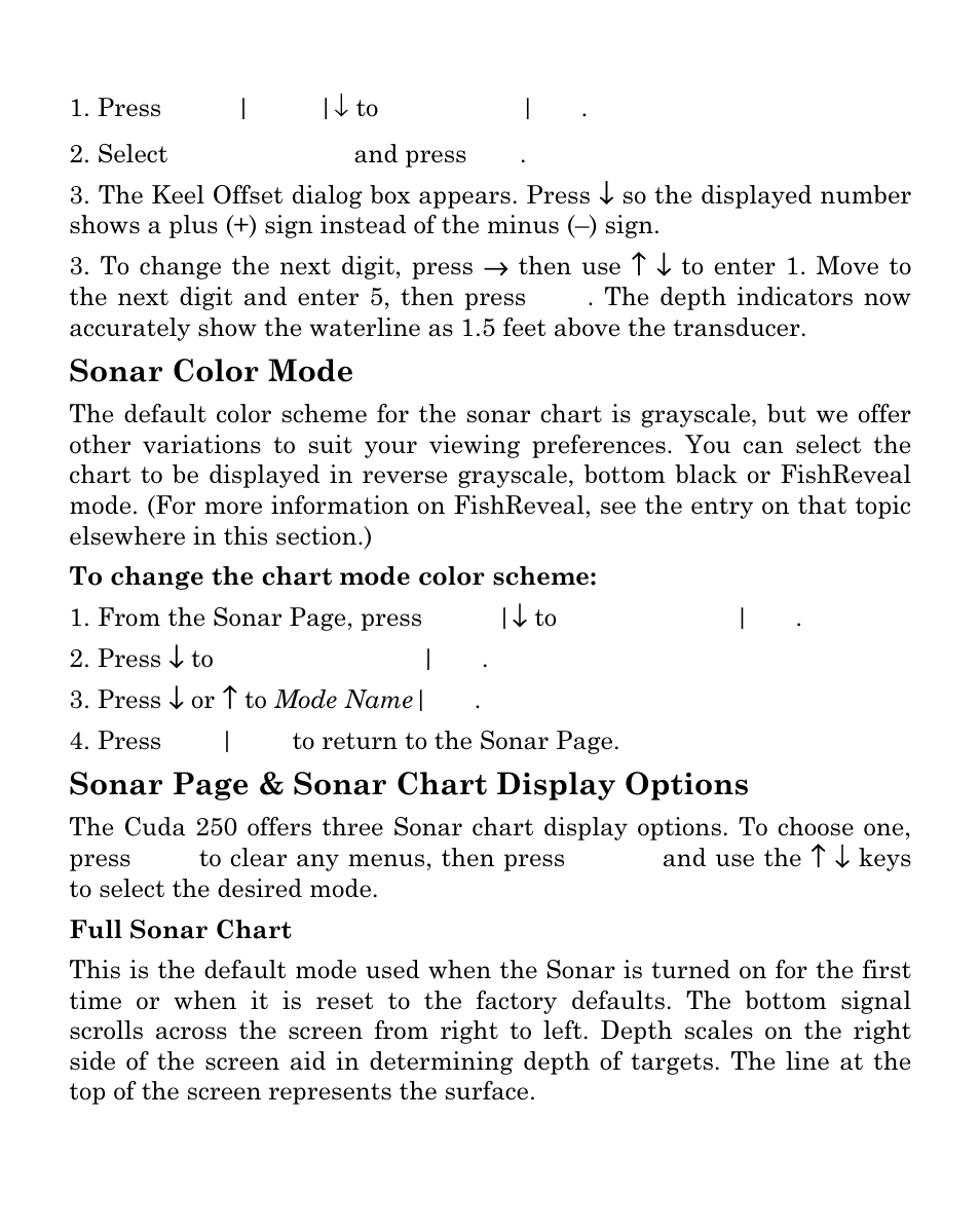 Sonar color mode, Sonar page & sonar chart display options | Eagle Electronics Cuda 250i User Manual | Page 84 / 172