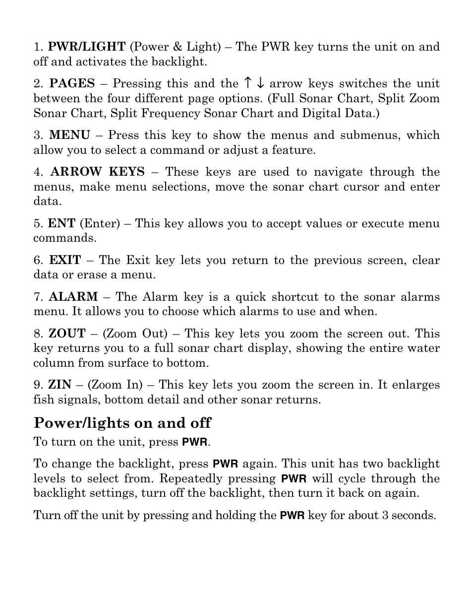 Power/lights on and off | Eagle Electronics FISHMARK 320 User Manual | Page 36 / 92