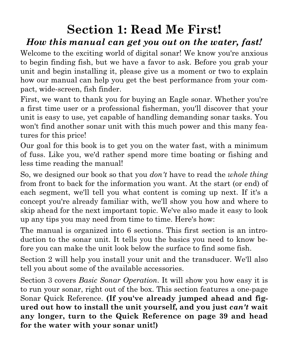 How this manual can get you out on the water, fast | Eagle Electronics FISHMARK 320 User Manual | Page 5 / 92