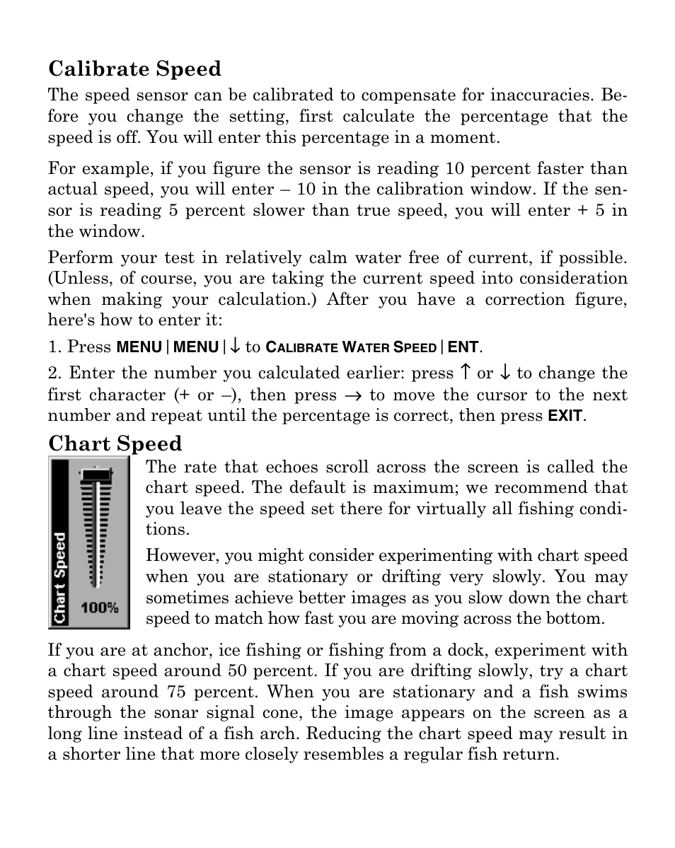 Calibrate speed, Chart speed | Eagle Electronics FISHMARK 320 User Manual | Page 53 / 92