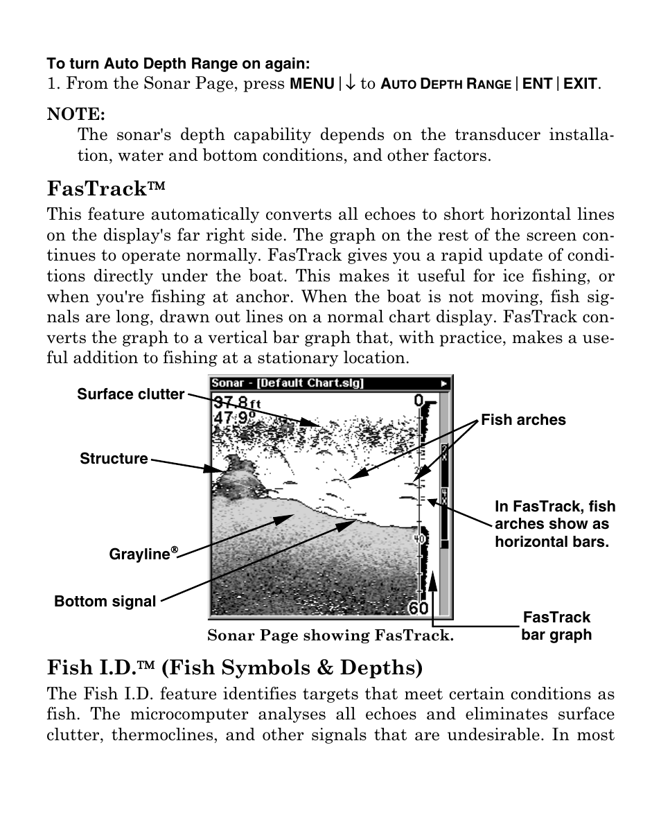 Fastrack, Fish i.d.  (fish symbols & depths) | Eagle Electronics FISHMARK 320 User Manual | Page 56 / 92