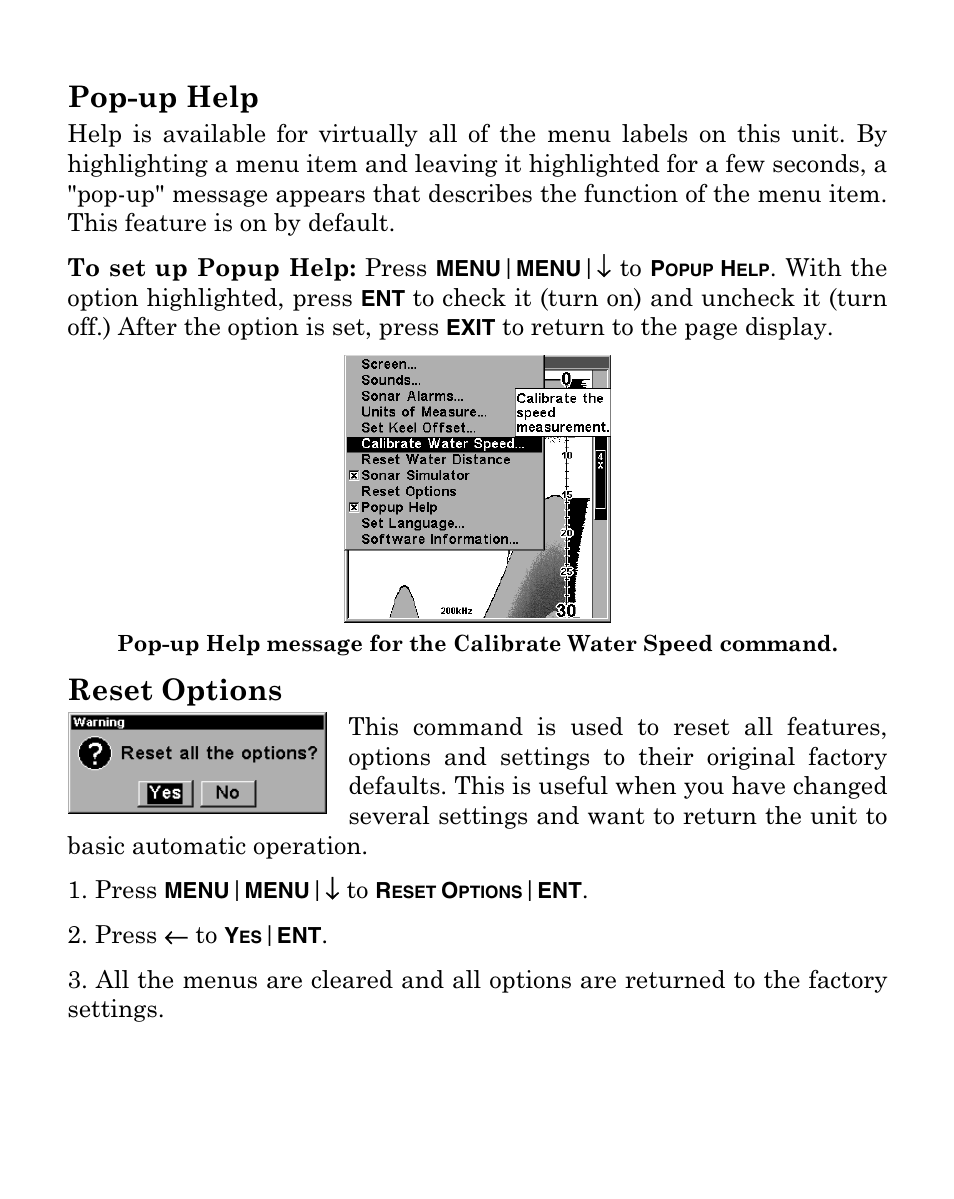 Pop-up help, Reset options | Eagle Electronics FISHMARK 320 User Manual | Page 68 / 92