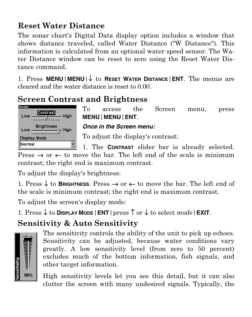 Reset water distance, Screen contrast and brightness, Sensitivity & auto sensitivity | Eagle Electronics FISHMARK 320 User Manual | Page 69 / 92