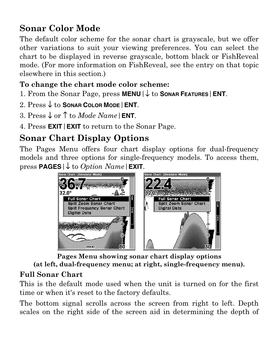 Sonar color mode, Sonar chart display options | Eagle Electronics FISHMARK 320 User Manual | Page 74 / 92