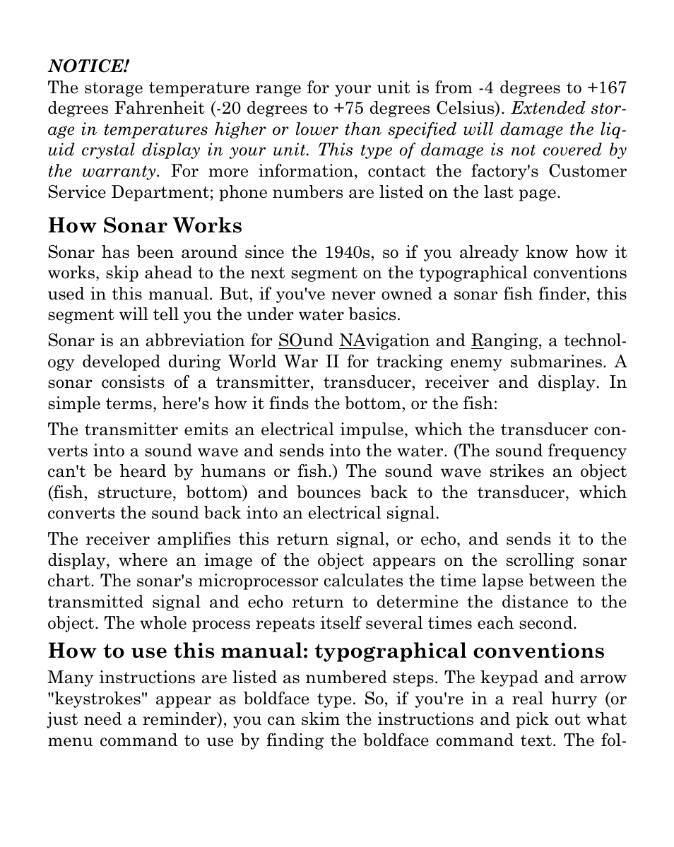 How sonar works, How to use this manual: typographical conventions | Eagle Electronics FISHMARK 320 User Manual | Page 8 / 92