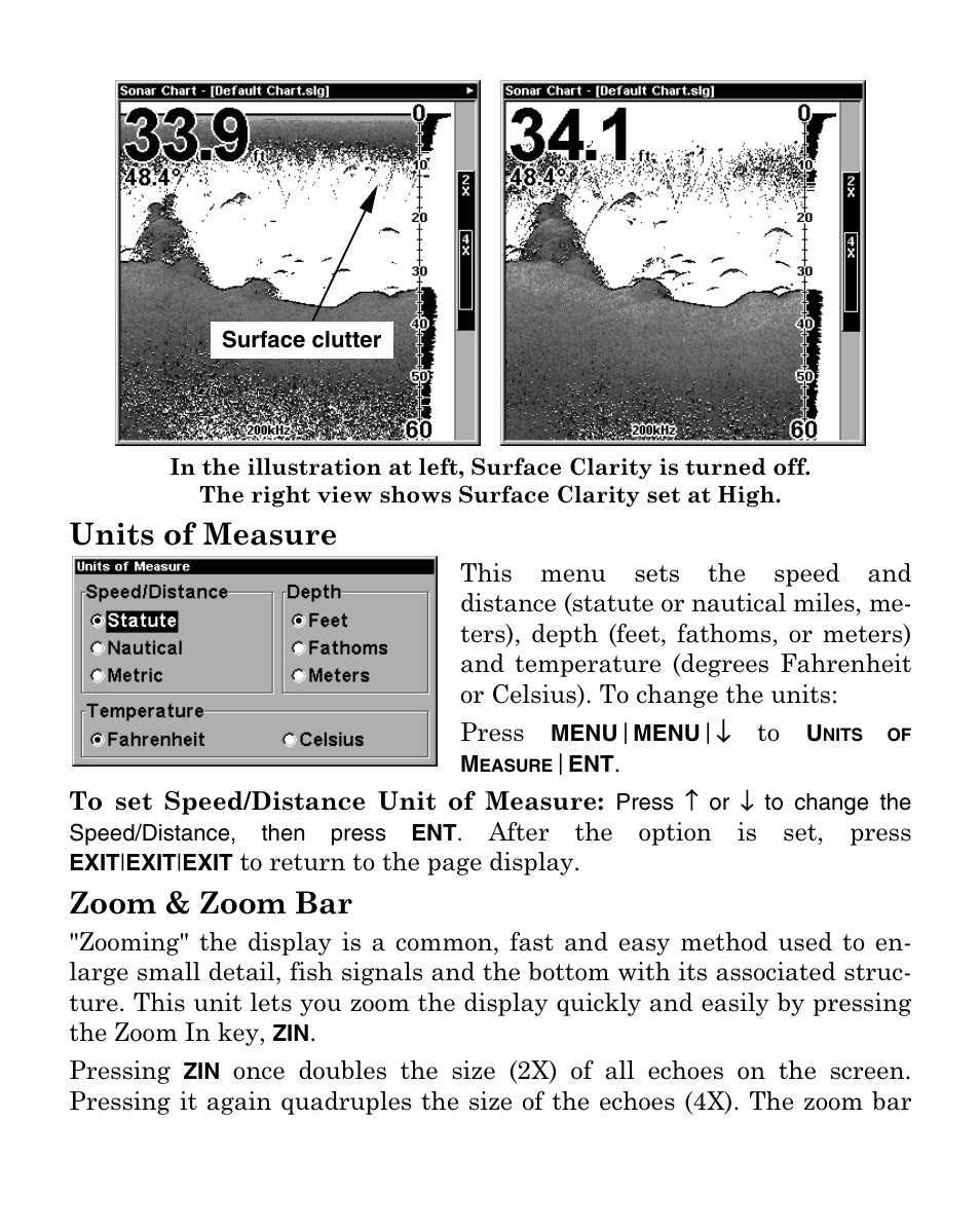 Units of measure, Zoom & zoom bar | Eagle Electronics FISHMARK 320 User Manual | Page 80 / 92