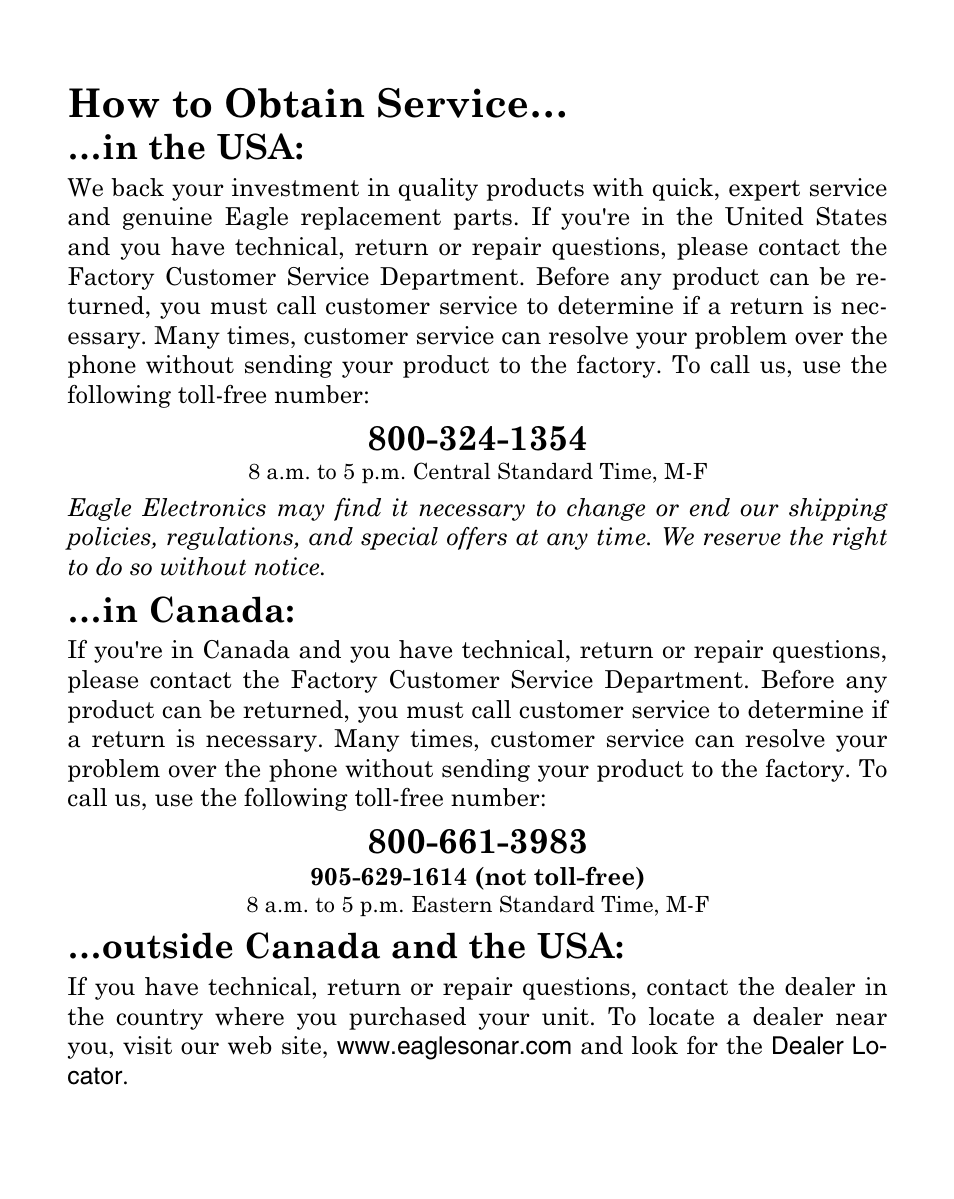 How to obtain service, Outside canada and the usa | Eagle Electronics FISHMARK 320 User Manual | Page 90 / 92