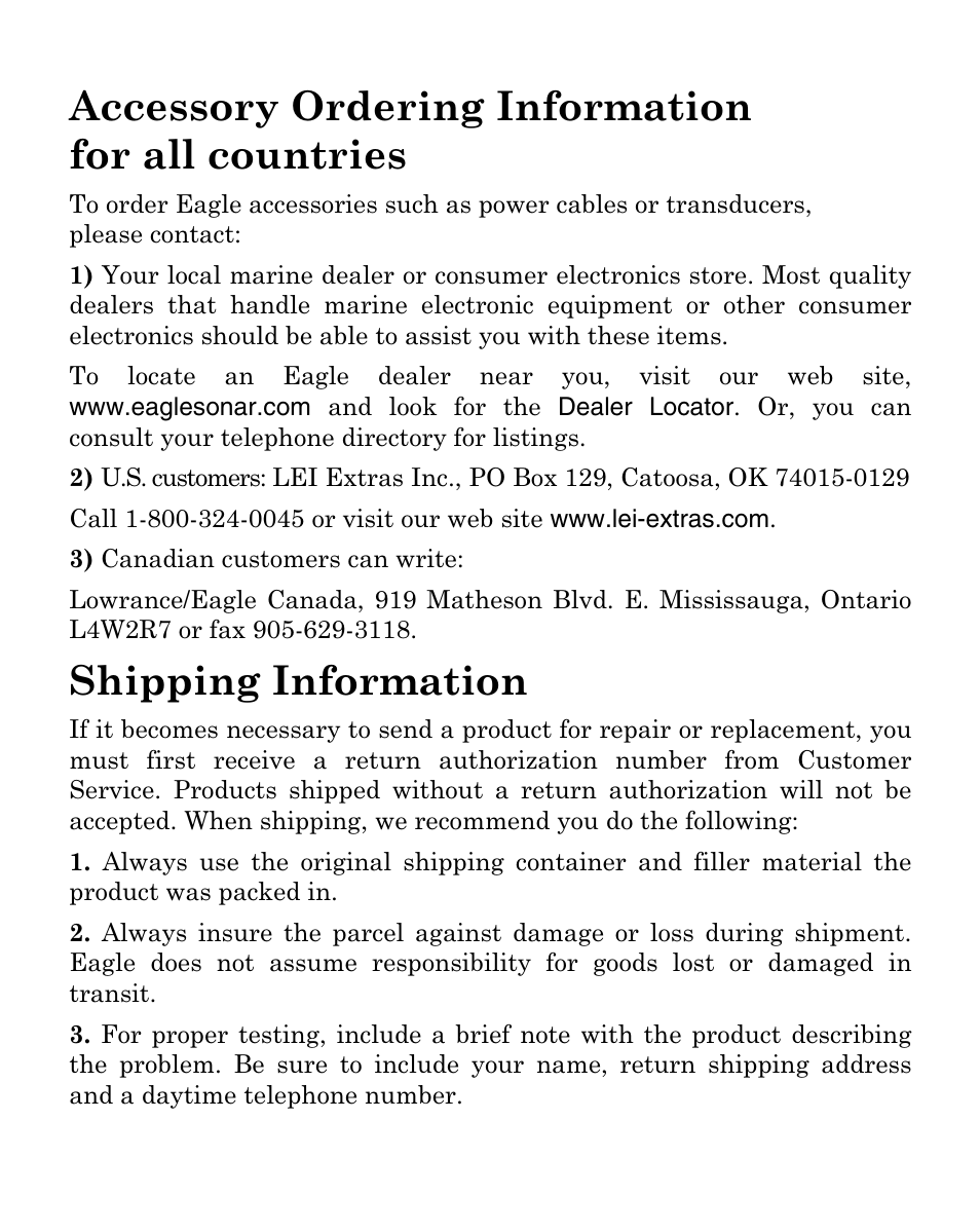 Accessory ordering information for all countries, Shipping information | Eagle Electronics FISHMARK 320 User Manual | Page 91 / 92