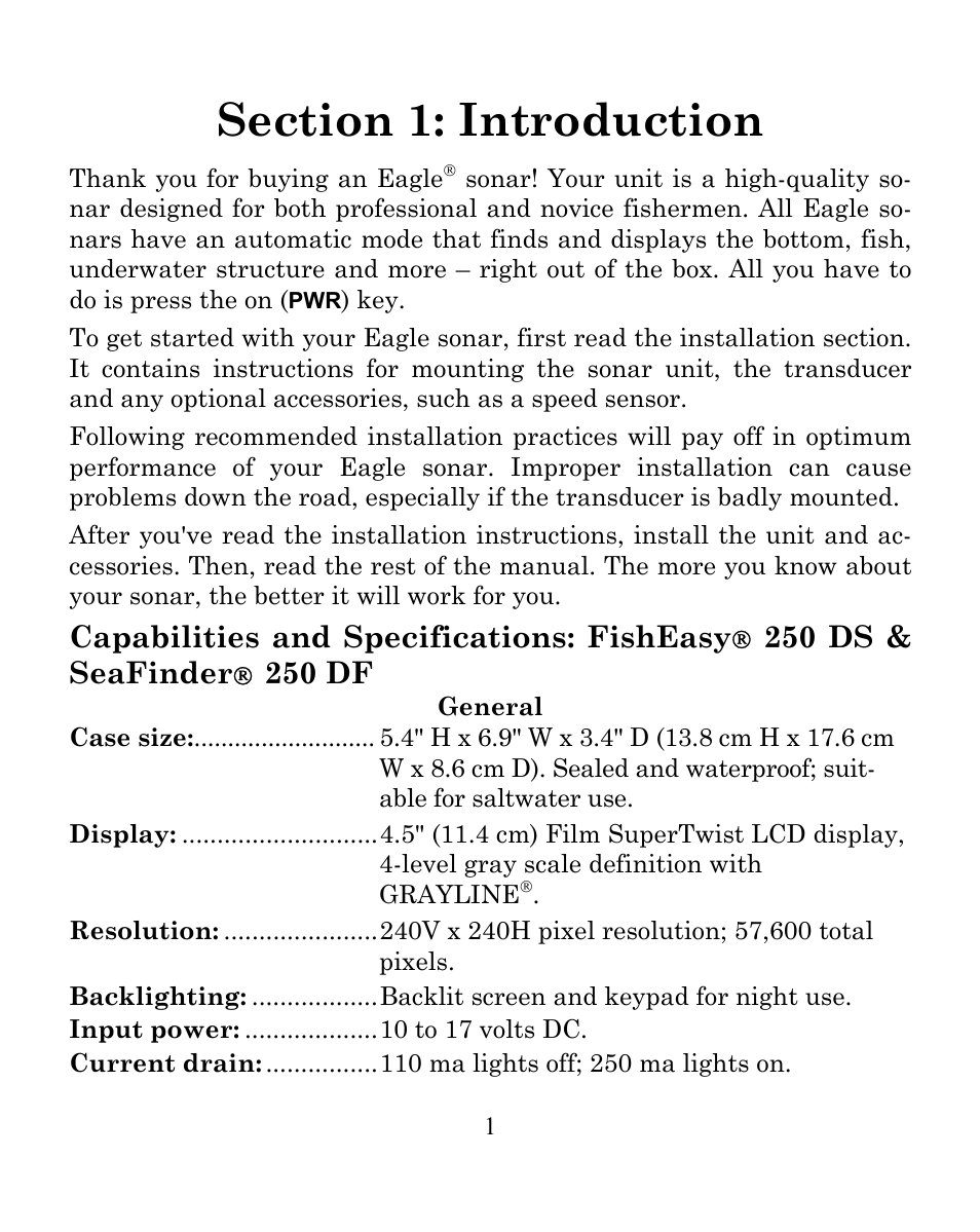 Capabilities and specifications: fisheasy, 250 ds & seafinder, 250 df | Eagle Electronics SeaFinder 250 DF User Manual | Page 5 / 72