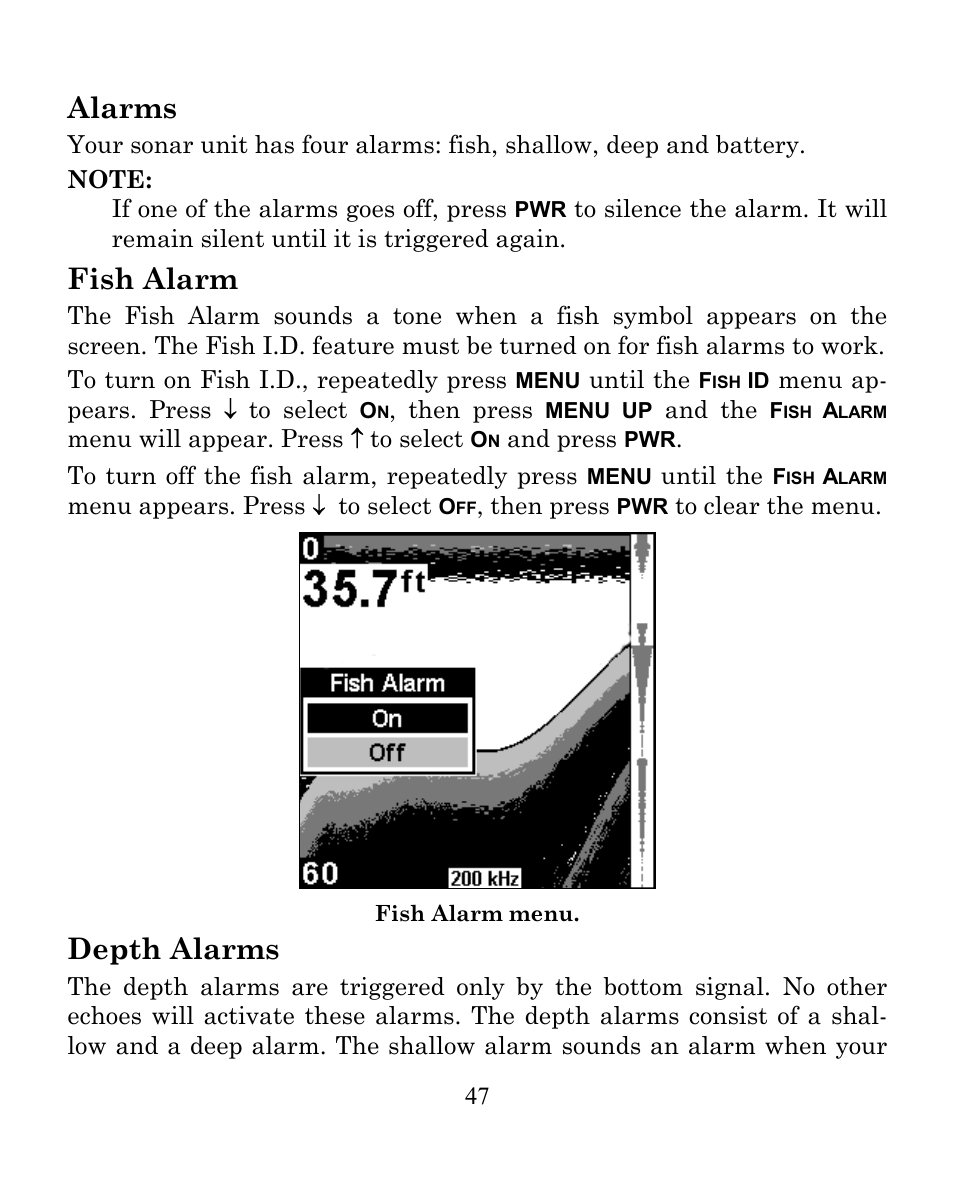 Alarms, Fish alarm, Depth alarms | Eagle Electronics SeaFinder 250 DF User Manual | Page 51 / 72