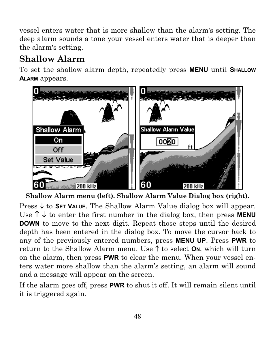 Shallow alarm | Eagle Electronics SeaFinder 250 DF User Manual | Page 52 / 72