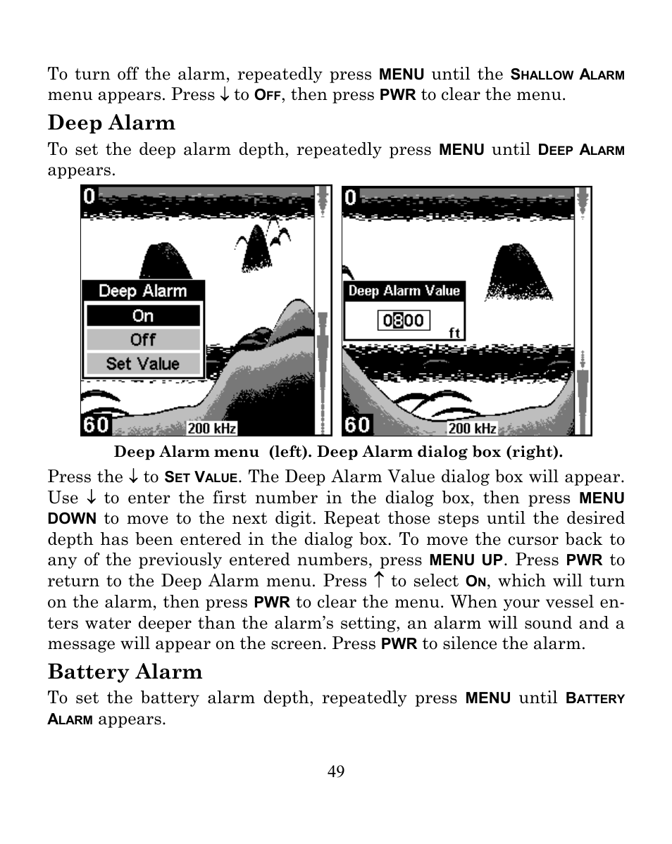 Deep alarm, Battery alarm | Eagle Electronics SeaFinder 250 DF User Manual | Page 53 / 72