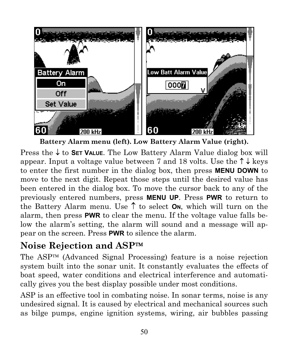 Noise rejection and asp | Eagle Electronics SeaFinder 250 DF User Manual | Page 54 / 72