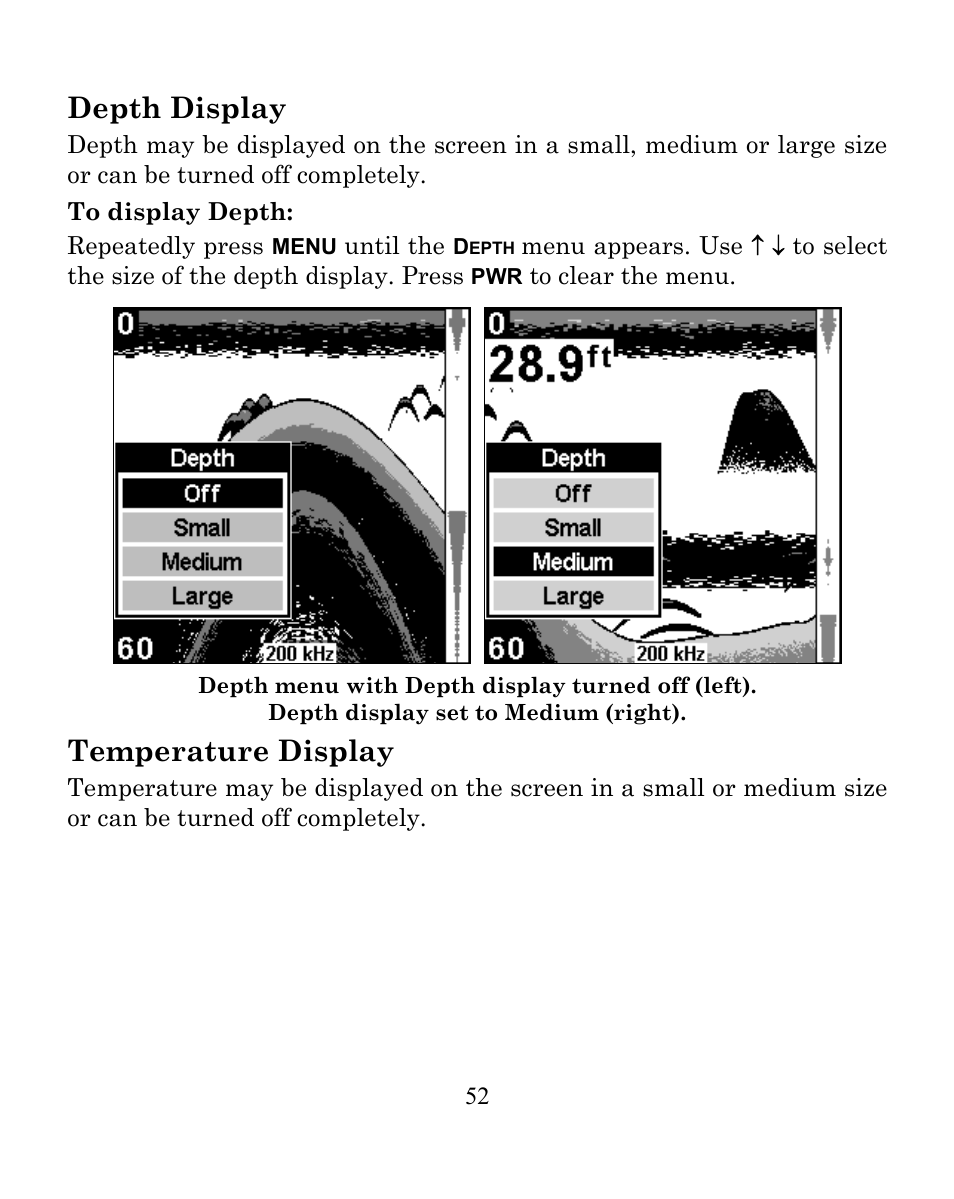 Depth display, Temperature display | Eagle Electronics SeaFinder 250 DF User Manual | Page 56 / 72