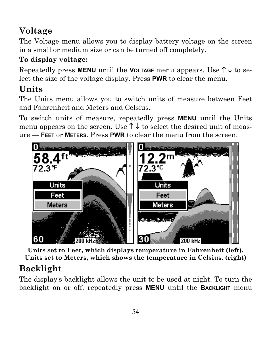 Voltage, Units, Backlight | Eagle Electronics SeaFinder 250 DF User Manual | Page 58 / 72