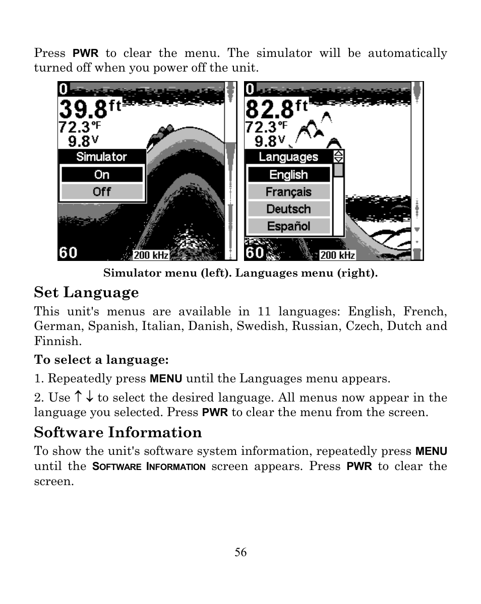 Set language, Software information | Eagle Electronics SeaFinder 250 DF User Manual | Page 60 / 72