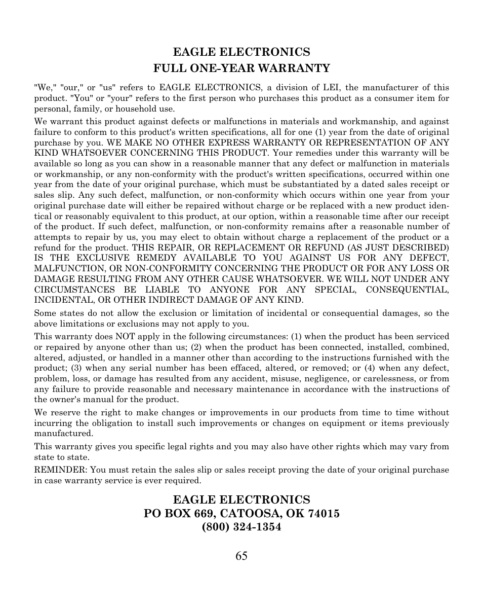 Eagle electronics full one-year warranty | Eagle Electronics SeaFinder 250 DF User Manual | Page 69 / 72