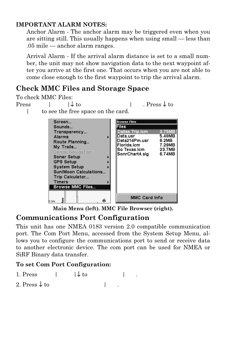 Check mmc files and storage space, Communications port configuration | Eagle Electronics FishElite 642c User Manual | Page 140 / 196