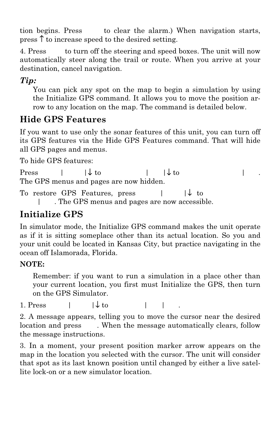 Hide gps features, Initialize gps | Eagle Electronics FishElite 642c User Manual | Page 148 / 196