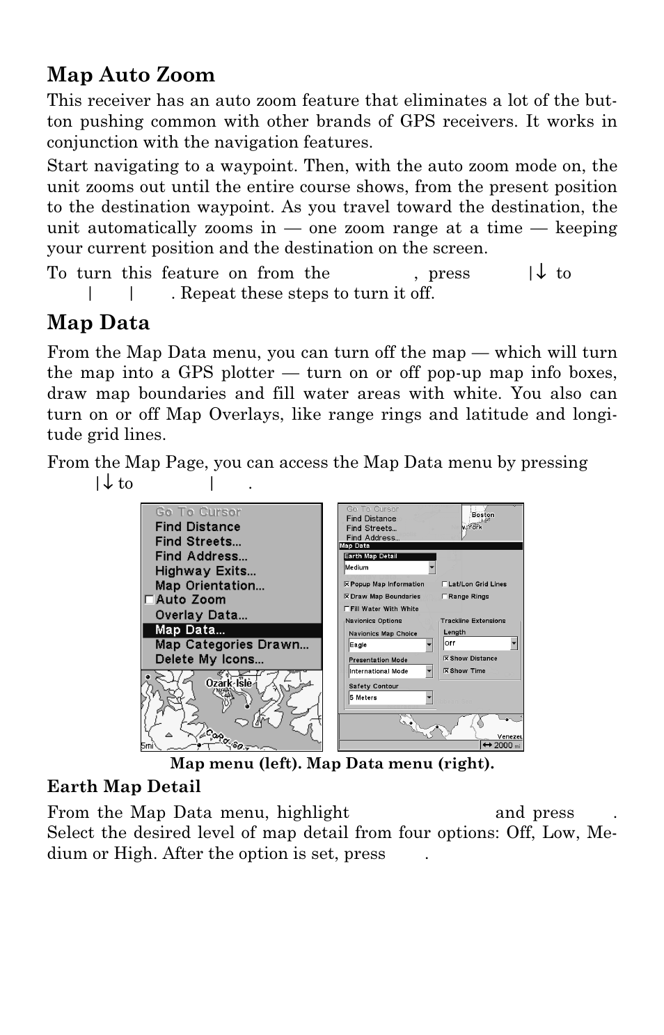 Map auto zoom, Map data | Eagle Electronics FishElite 642c User Manual | Page 149 / 196