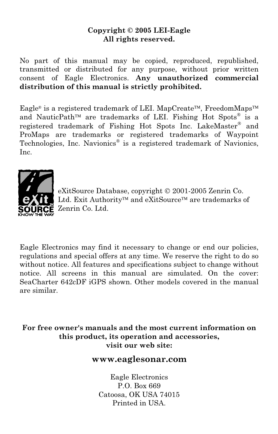 Eagle Electronics FishElite 642c User Manual | Page 2 / 196