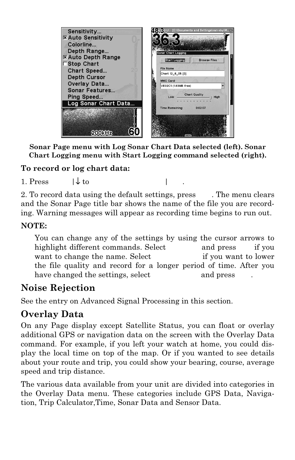 Noise rejection, Overlay data | Eagle Electronics FishElite 642c User Manual | Page 72 / 196