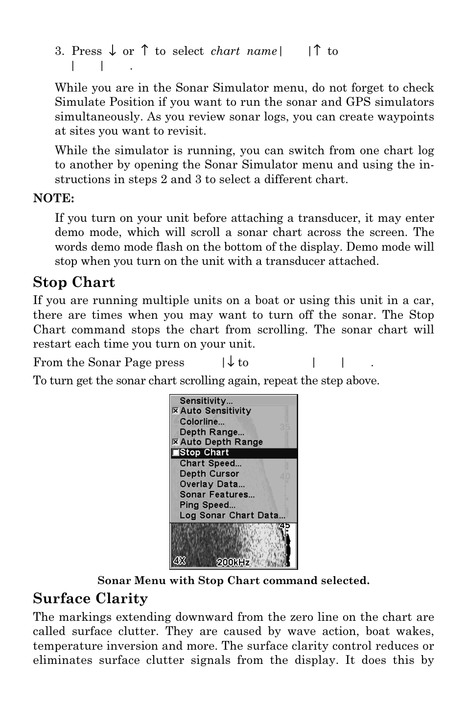 Stop chart, Surface clarity | Eagle Electronics FishElite 642c User Manual | Page 86 / 196