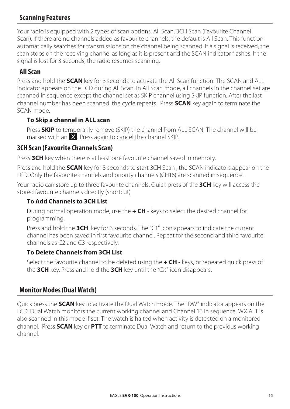 Scanning features, All scan, 3ch scan (favourite channels scan) | Monitor modes (dual watch) | Eagle Electronics EVR-100 User Manual | Page 15 / 32