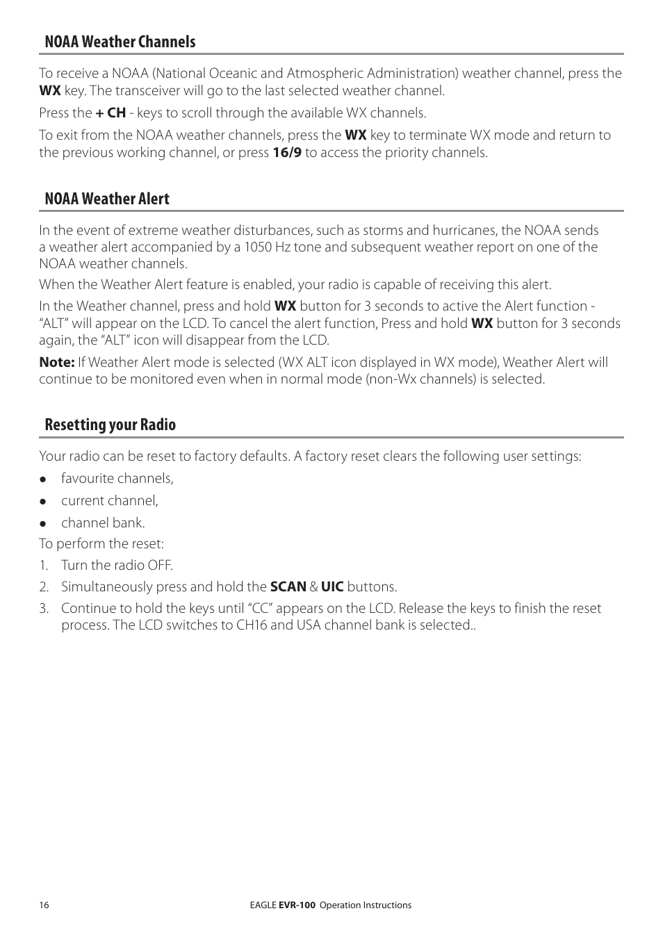 Monitor modes (dual watch), Noaa weather channels, Noaa weather alert | Resetting your radio | Eagle Electronics EVR-100 User Manual | Page 16 / 32
