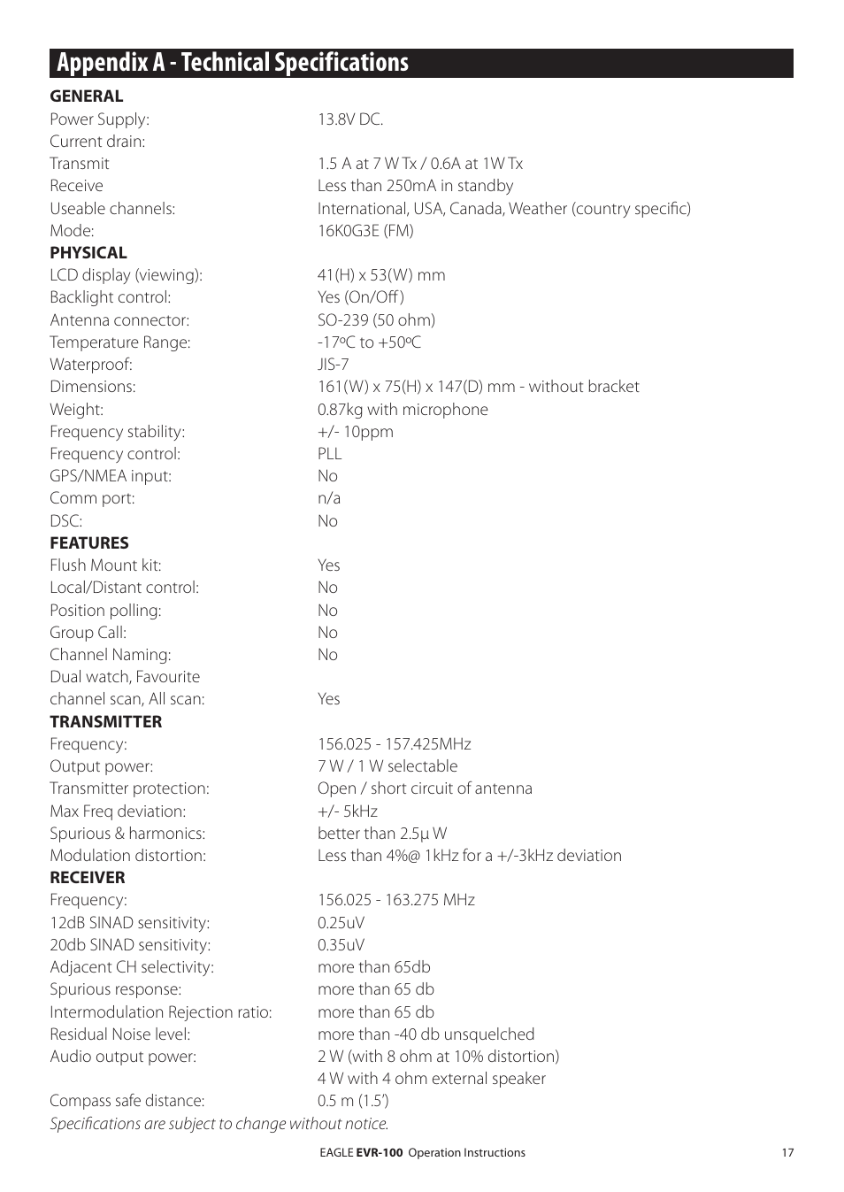 Appendix a - technical specifications | Eagle Electronics EVR-100 User Manual | Page 17 / 32