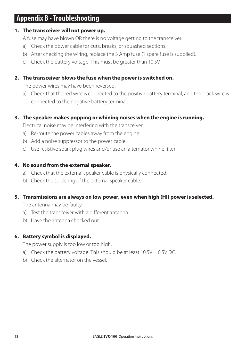Appendix b - troubleshooting | Eagle Electronics EVR-100 User Manual | Page 18 / 32