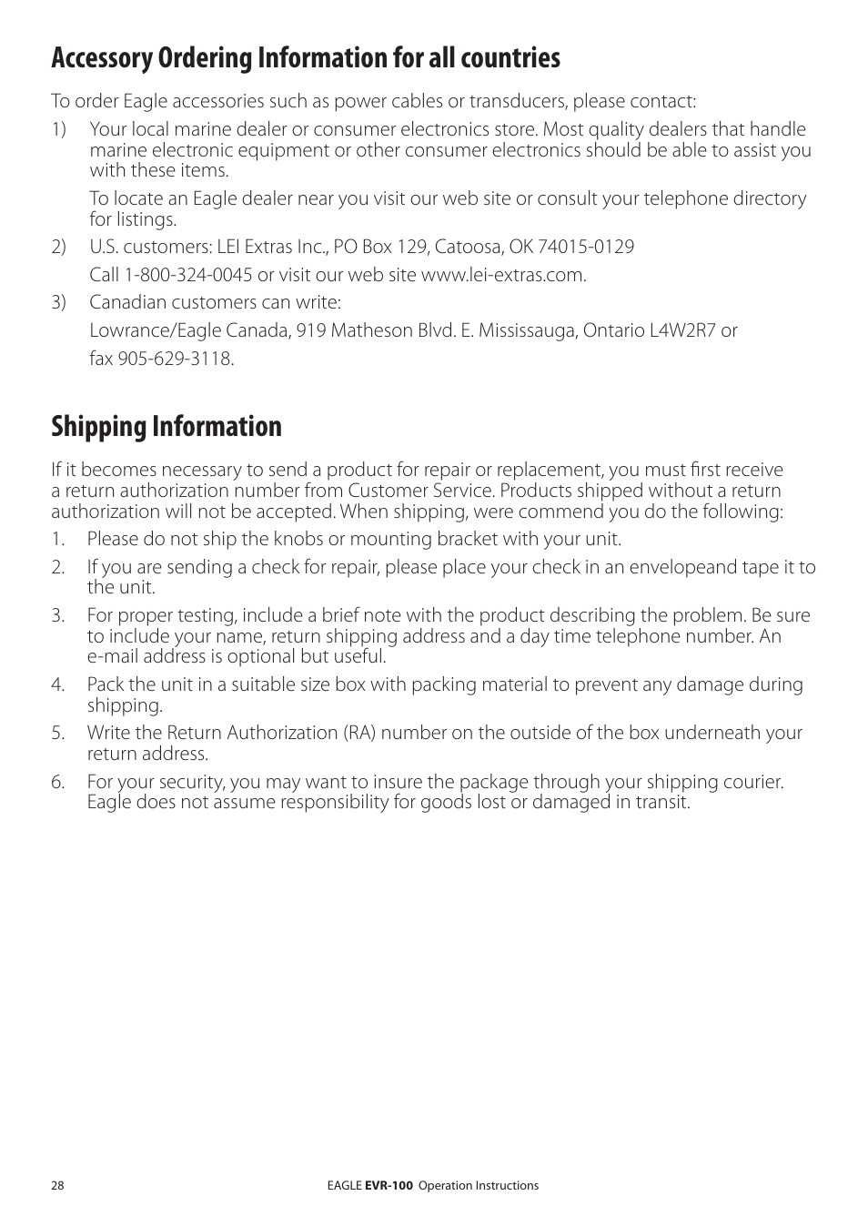 Accessory ordering information for all countries, Shipping information | Eagle Electronics EVR-100 User Manual | Page 28 / 32
