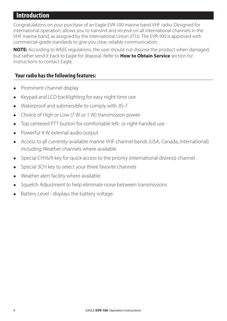 Introduction, Your radio has the following features | Eagle Electronics EVR-100 User Manual | Page 4 / 32