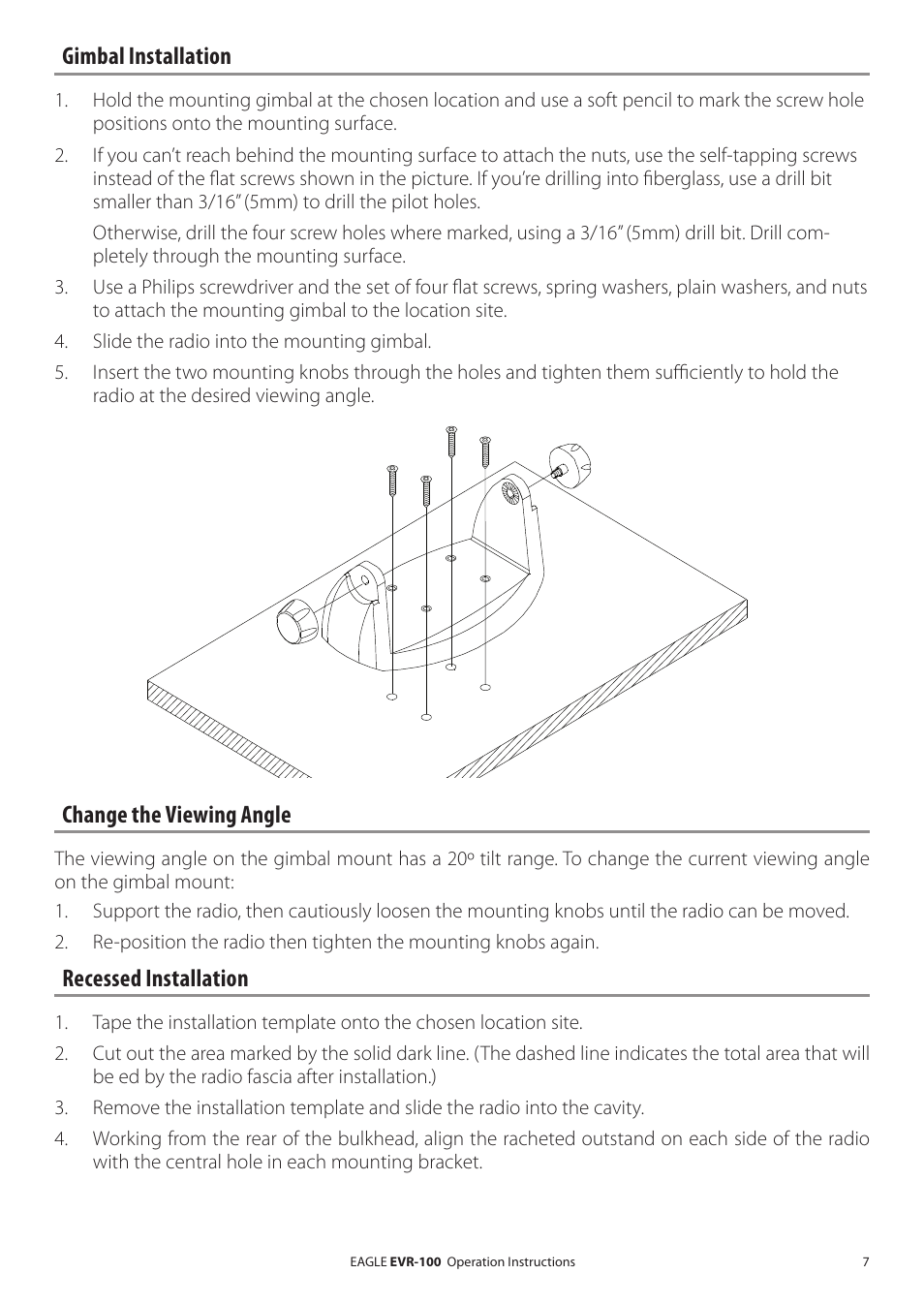 Gimbal installation, Change the viewing angle, Recessed installation | Eagle Electronics EVR-100 User Manual | Page 7 / 32