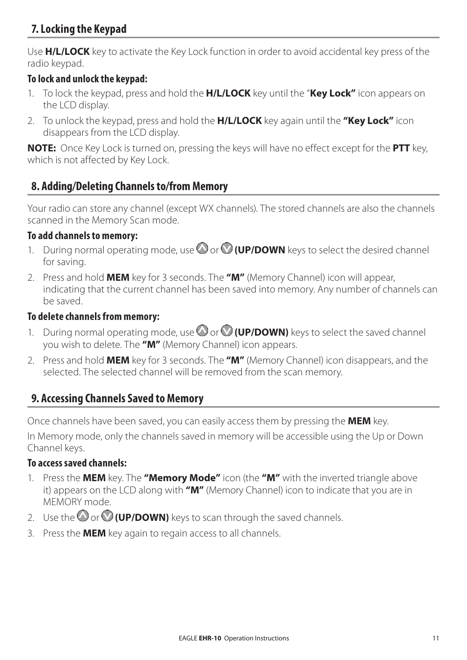 Locking the keypad, Adding/deleting channels to/from memory, Accessing channels saved to memory | Adding channels to memory, Scanning channels | Eagle Electronics EHR-10 User Manual | Page 11 / 28
