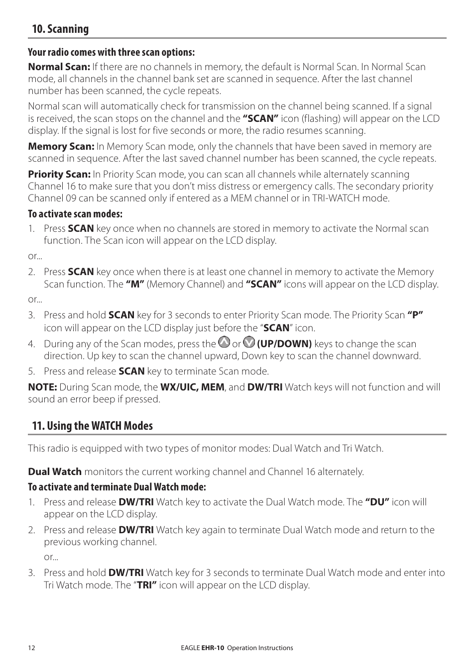 Scanning, Using the watch modes, Accessing channels saved to memory | Eagle Electronics EHR-10 User Manual | Page 12 / 28